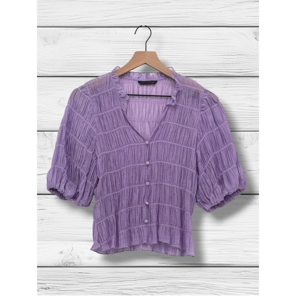 Zara Purple Smocked Crinkle Ruffle Puff Sleeve Blouse Medium